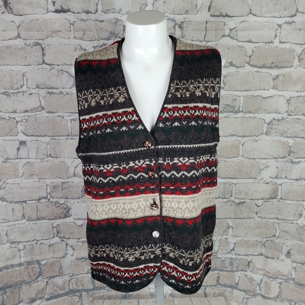Vintage  90s Y2K Fairisle Grampa Wool Vest Size Medium Gray Red Apres Ski